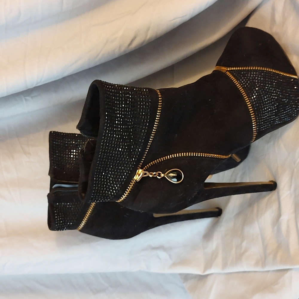 BEBE Brand Black Boots with Gold and Crystal Accents